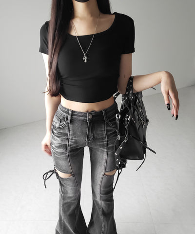 スクエアネックショートスリム半袖Tシャツ / square neck short slim sleeve T-shirt