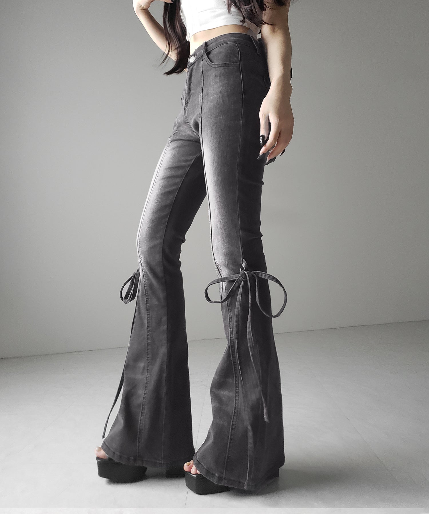 【 2color / 4size 】ストラップリボンヴィンテージストレッチフレアデニム / strap ribbon vintage stretch flare denim