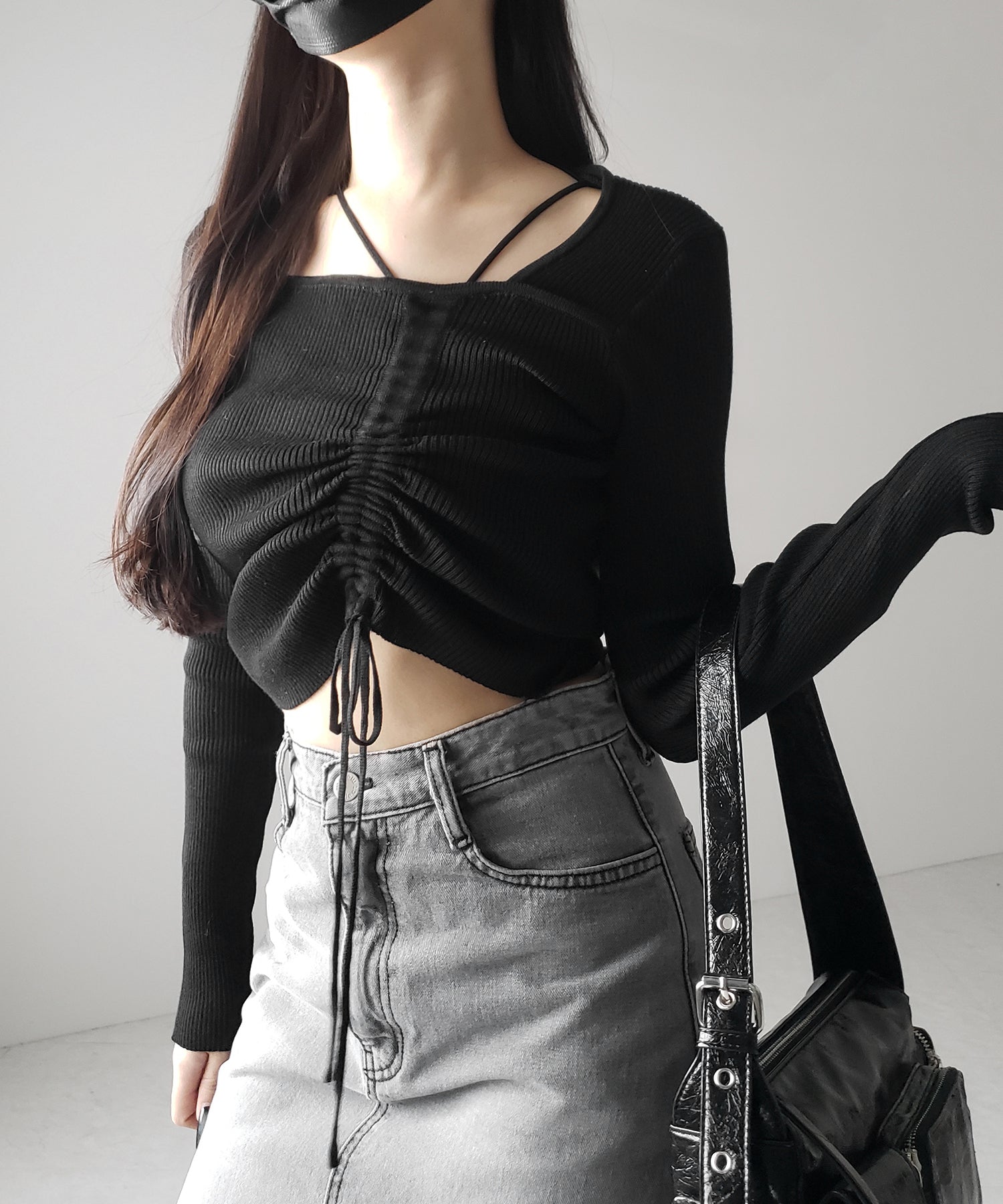 ダブルストラップシャーリングリボンリブニットトップス / double strap shirring ribbon ribbed knit tops