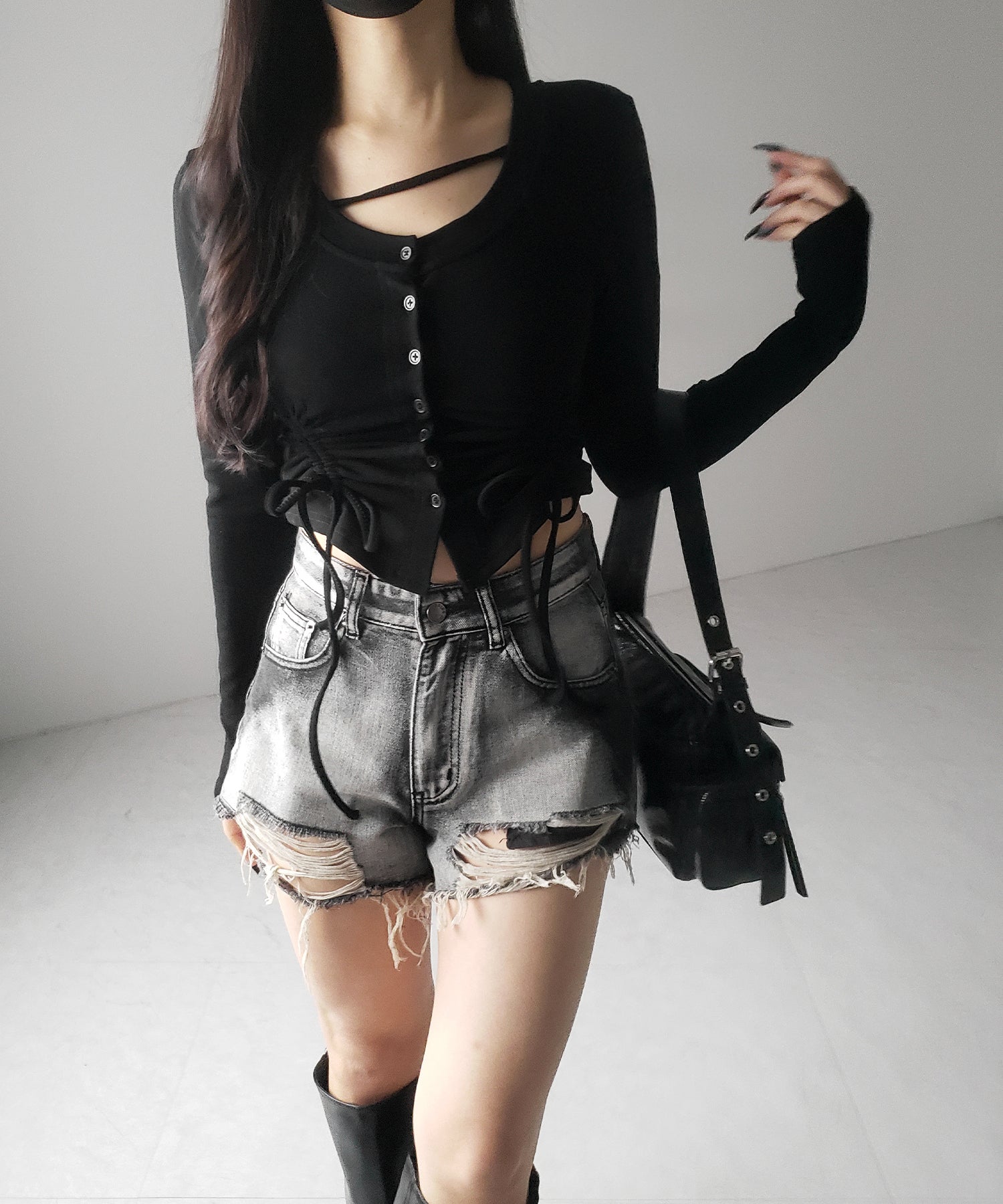 【 2color / 裏起毛 】ナナメストラップダブルシャーリングリボントップス / naname strap double shirring ribbon tops