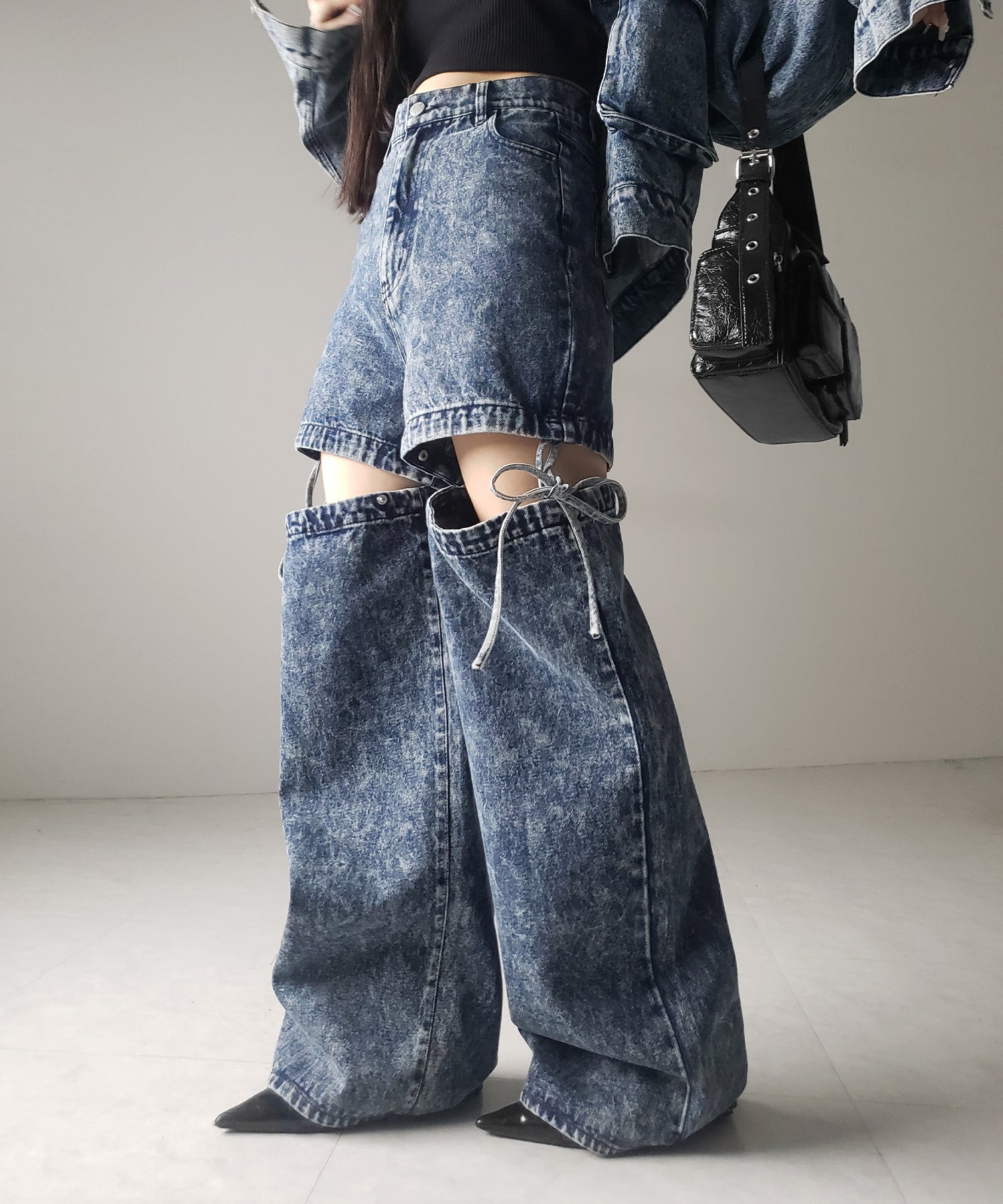 【 セットアップ着用可能 】2WAYヴィンテージケミカルブリーチカットアウトリボンデニム / 2WAY vintage chemical bleach cutout ribbon denim