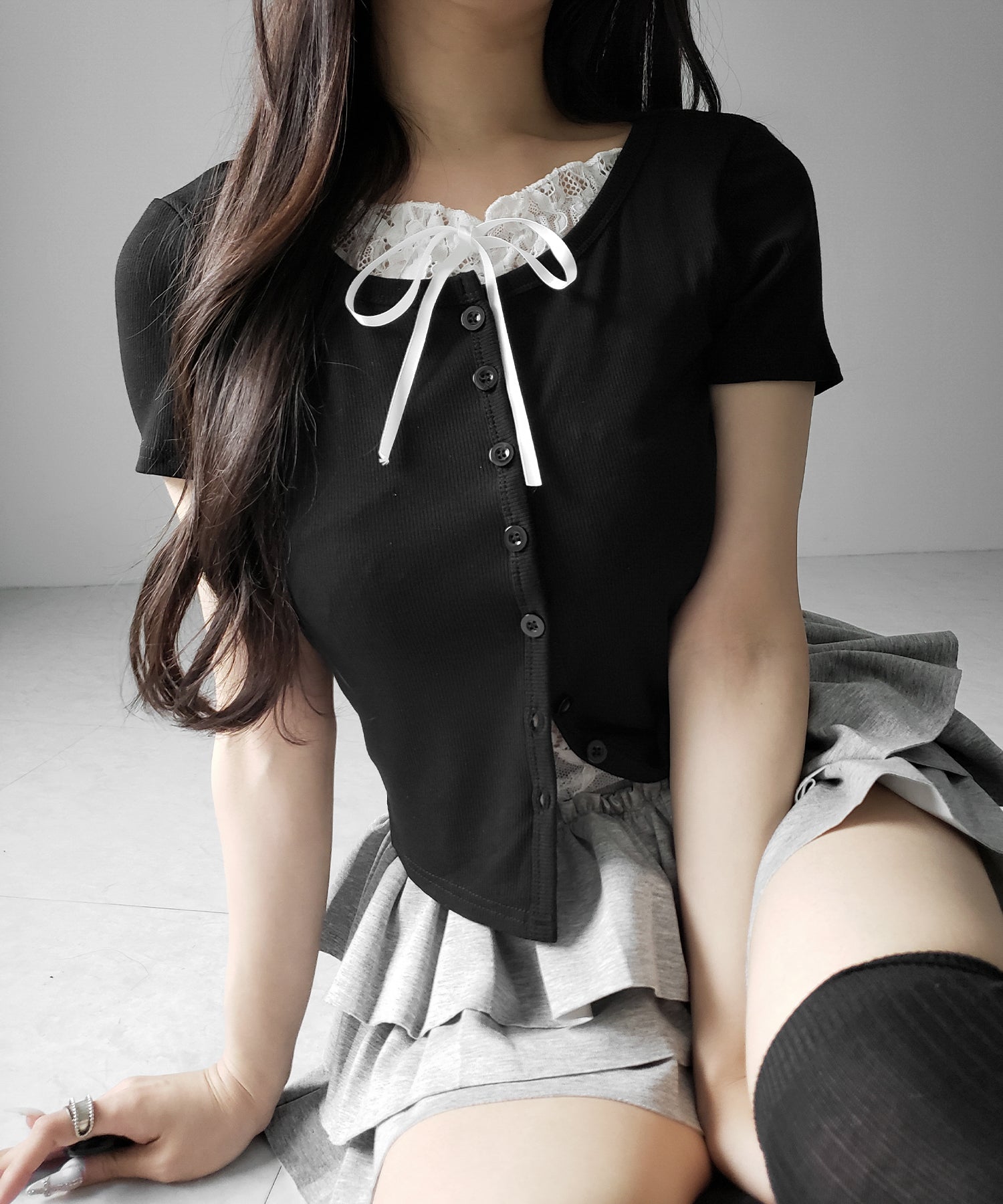 フロントリボンレースレイヤード半袖リブトップス /front ribbon lace layered short sleeve rib tops