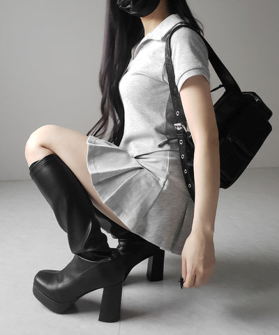 【 2点セット 】スキッパーネック半袖Tシャツ & プリーツミニスカート ワンホンセットアップ / skipper neck short sleeve T-shirt & pleated mini skirt wanghong setup