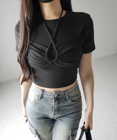 クロスネックレイヤードシャーリングTシャツ / cross neck layered shirring T-shirt