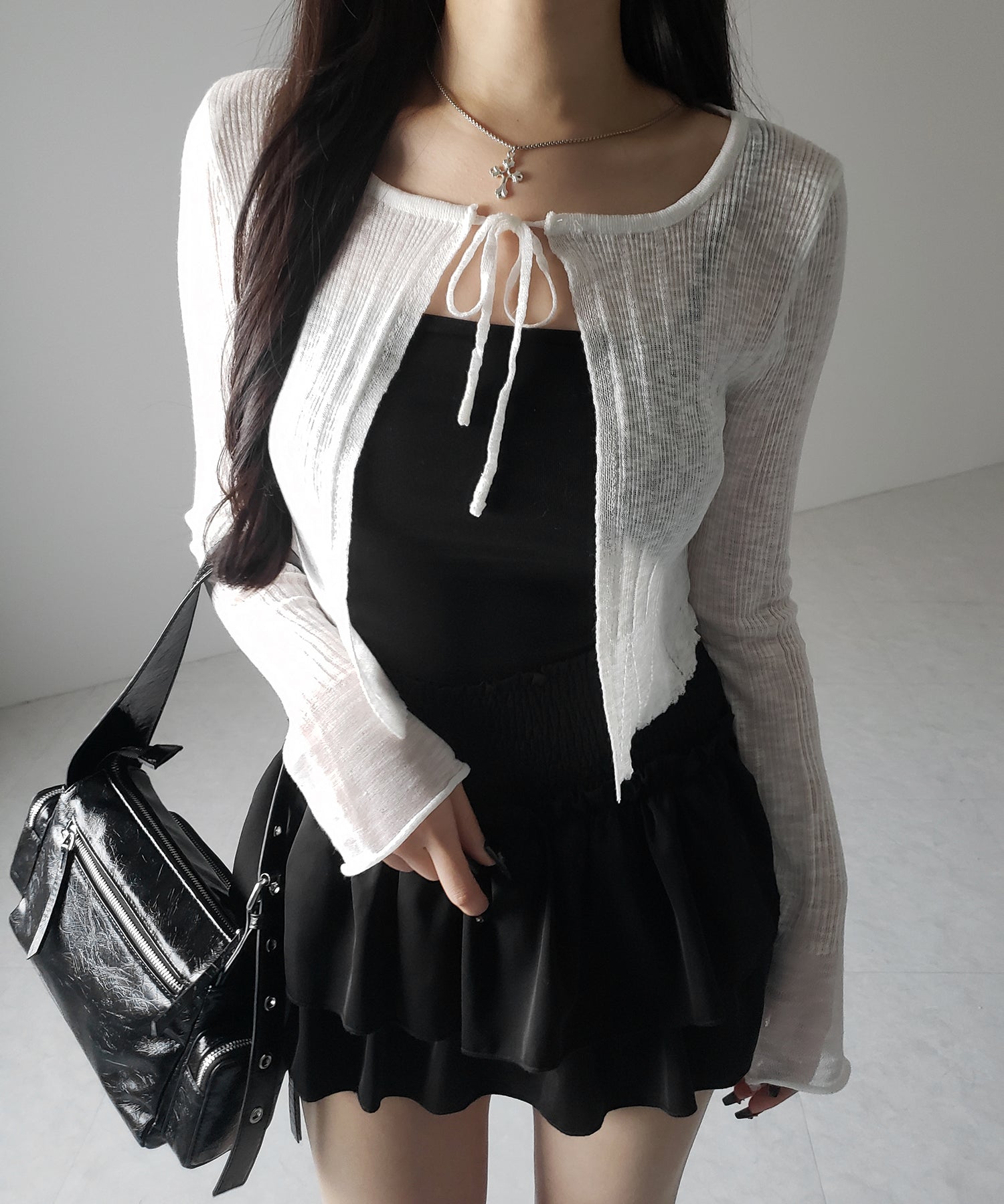 【 2color 】フロントリボンシアーニットショートカーディガン / front ribbon sheer knit short cardigan