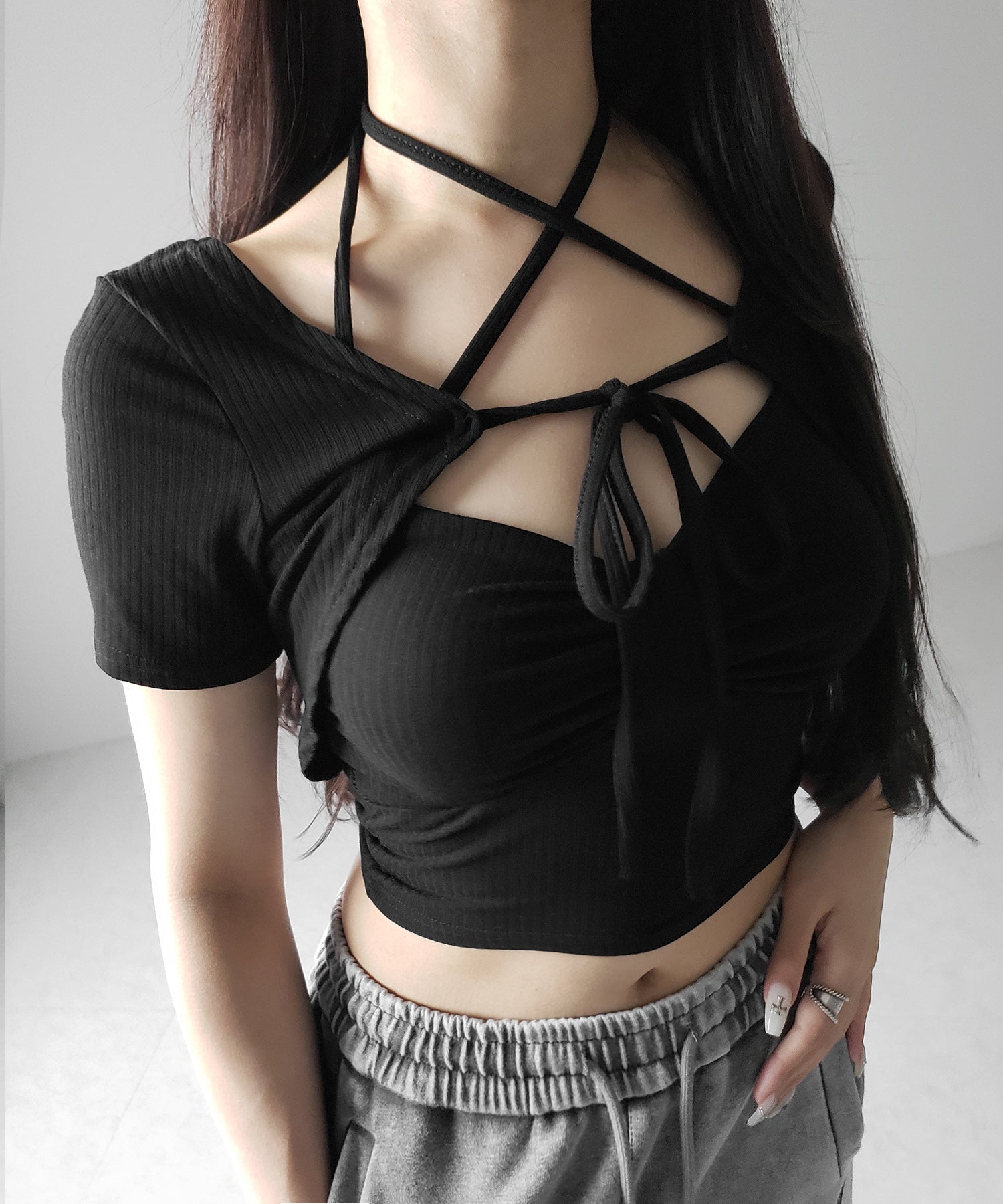 【 2点セット 】 2WAYストラップリブキャミソール + フロントリボンショートカーディガン SET / 2WAY strap lib camisole + front ribbon short cardigan
