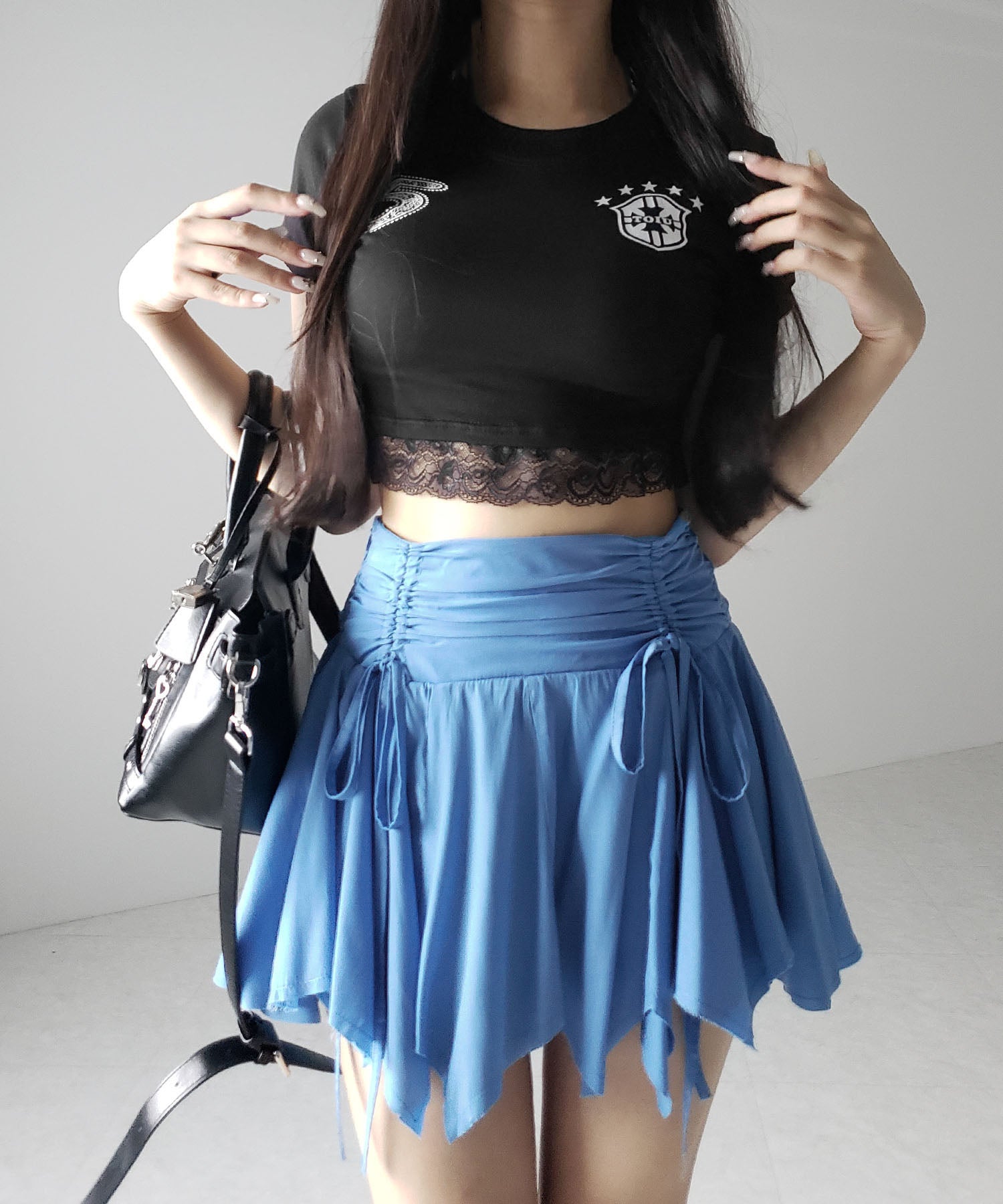 【 2color / 2size 】シャーリングダブルリボンアシンメトリーフリルミニスカート / shirrin double ribbon asymmetry frill mini skirt