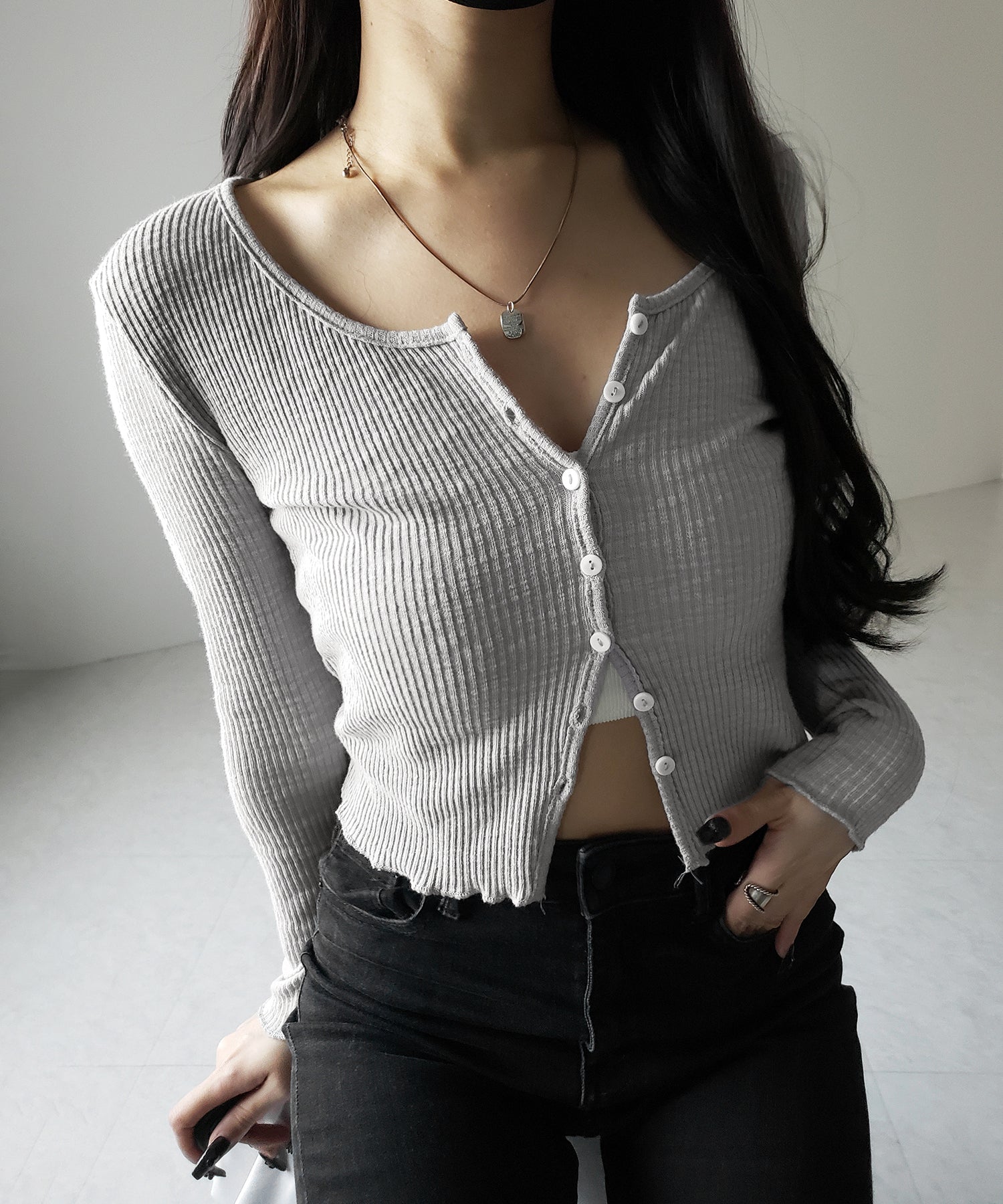 【 2点セット 】レイヤードレースシアーリブカットソーカーディガン / layered lace sheer rib cut and sew cardigan