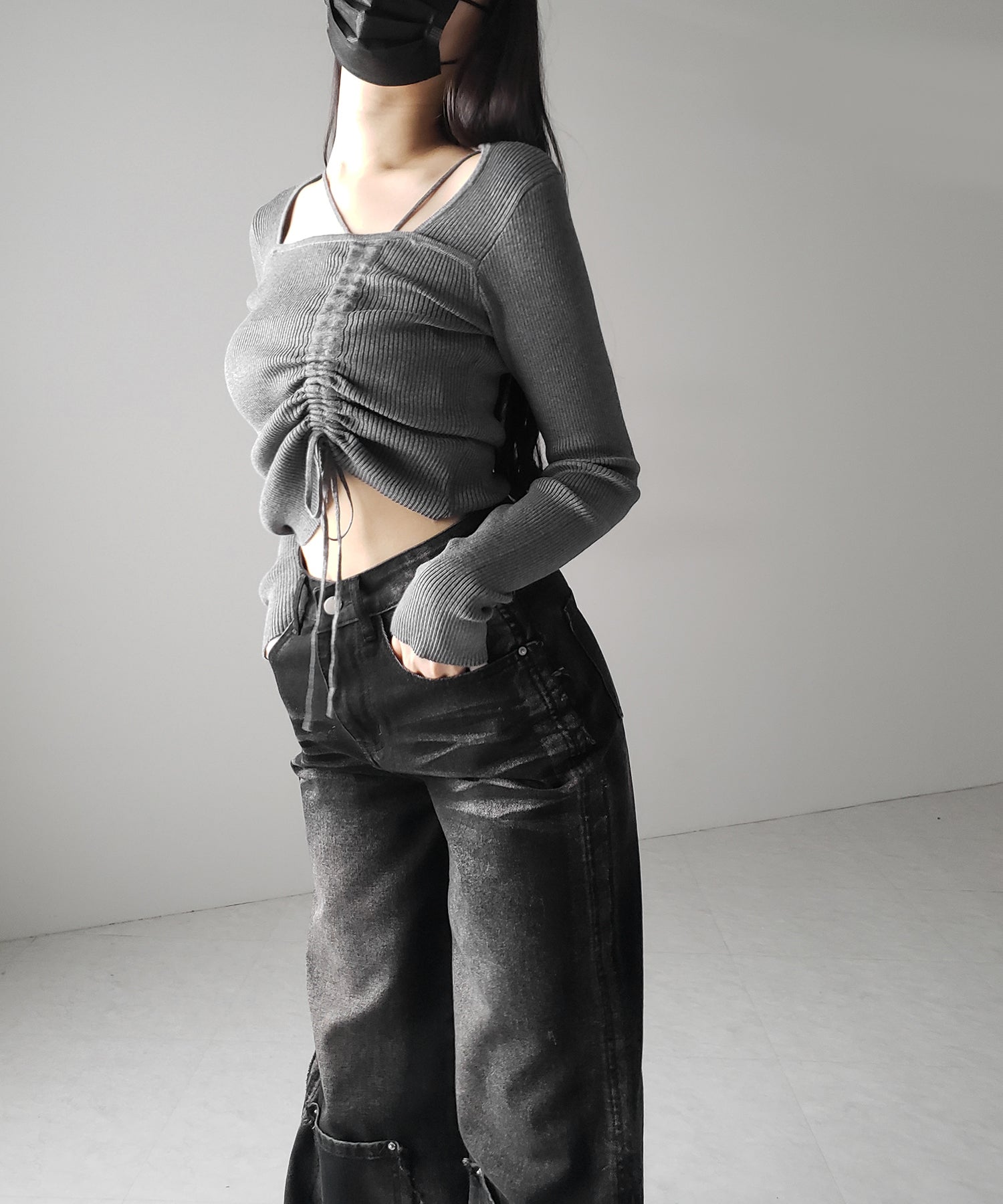 ダブルストラップシャーリングリボンリブニットトップス / double strap shirring ribbon ribbed knit tops