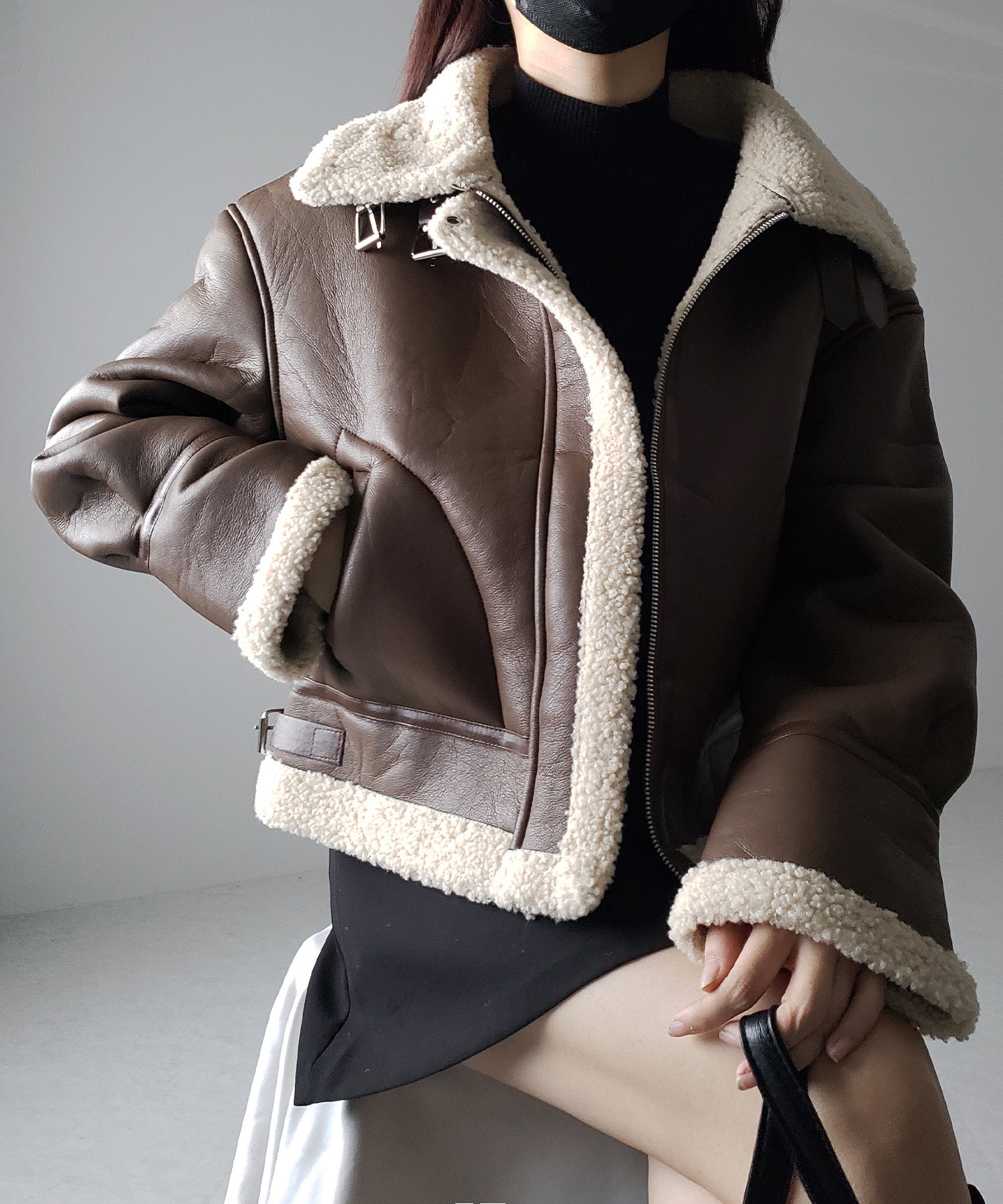 フェイクレザームートンB-3クロップドフライトジャケット