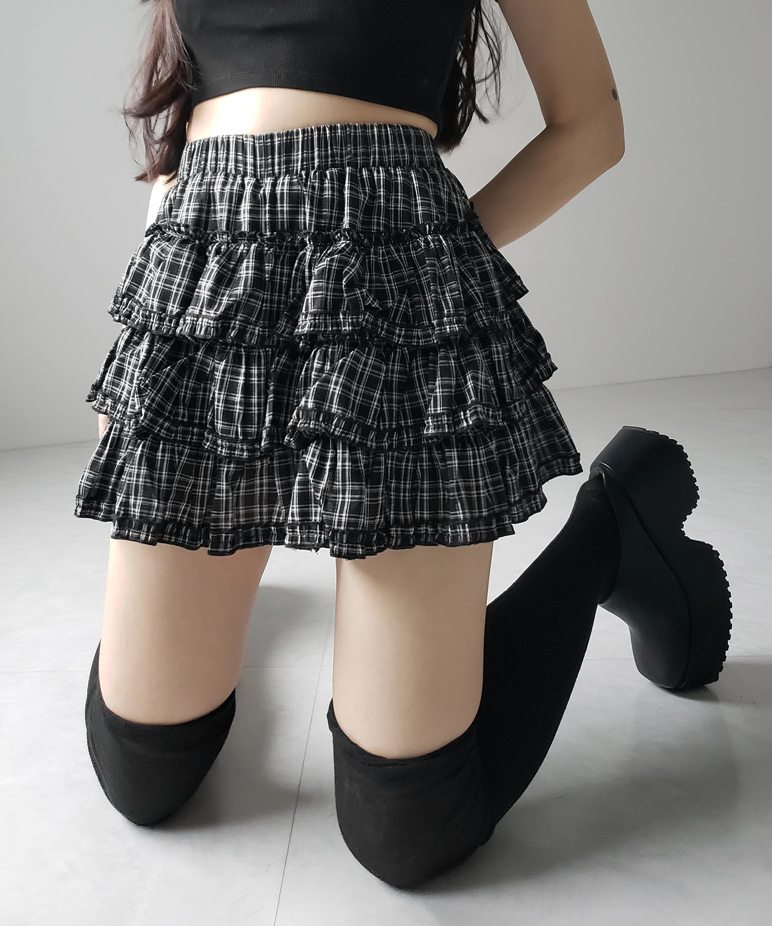 【 インナーパンツ裏地付 】ティアードフリルチェックミニスカート / tiered frill check mini skirt
