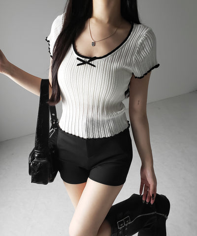 ミニリボンオープンネック半袖ニットトップス / mini ribbon open neck short sleeve knit tops