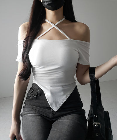 クロスネックアシメギャザーオフショルTシャツ / cross neck asymmetry gather off shoulder T-shirt