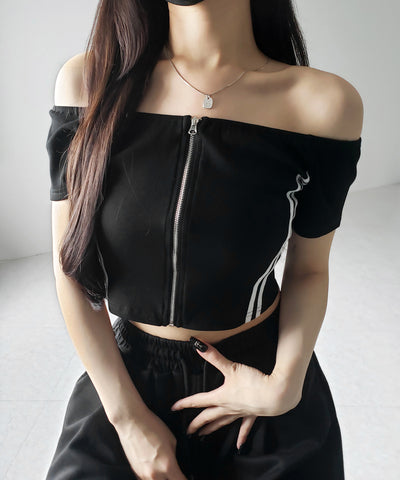 ジップアップオフショルサイドラインTシャツ / zipup off shoulder sideline T-shirt