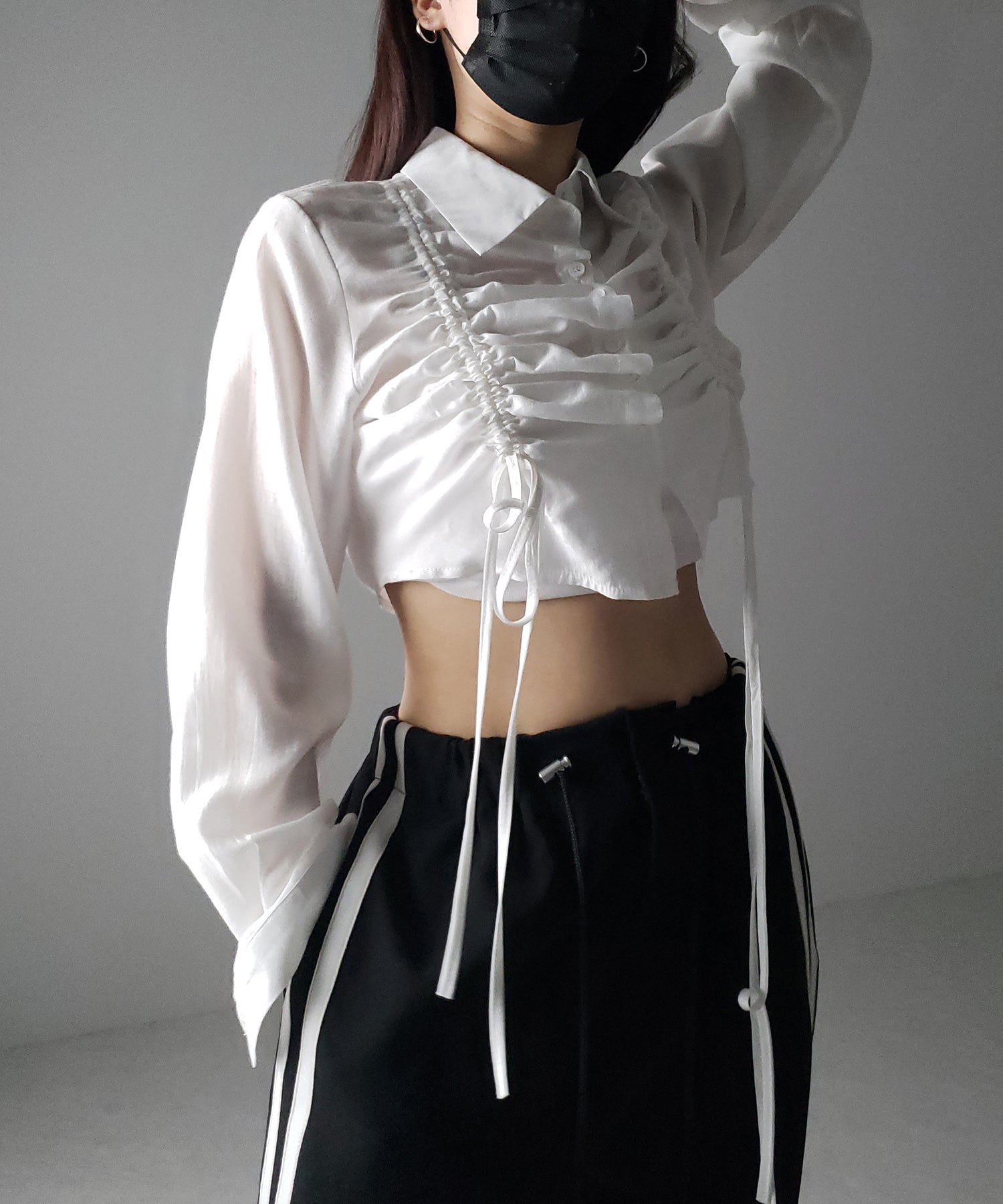 【 3color 】ダブルリボンシャーリングショートシアーシャツ / double shirring ribbon short sheer shirts