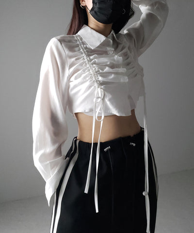 ダブルリボンシャーリングショートシアーシャツ / double shirring ribbon short sheer shirts