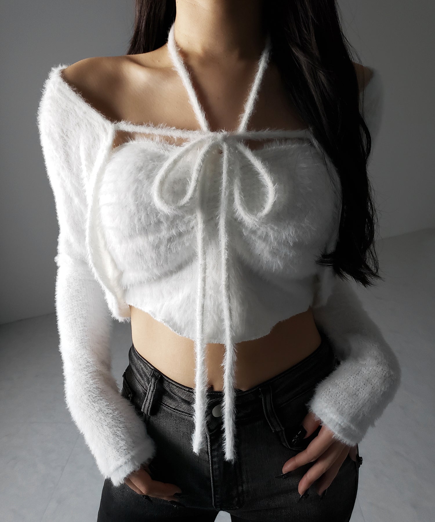 【 2点セット 】シャギーリボンベアトップス & ショートシャギーカーディガン SET / Shaggy ribbon bare tops & short shaggy cardigan