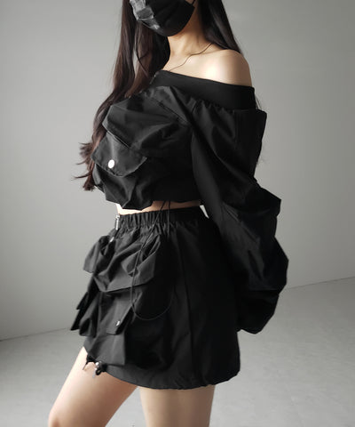【 セットアップ 】アウトポケットオフショルカーゴブルゾン & ダブルジップカーゴミニスカート SET / out pocket off shoulder cargo blouson & double zip cargo mini skirt SET
