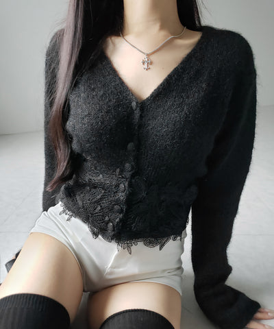 レースドッキングモヘアライクニットカーディガン / Lace docking mohair-like knit cardigan