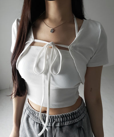 【 2点セット 】フロントリボンショートカーディガン+ ホルターキャミソール SET / front ribbon short cardigan + halter camisole SET