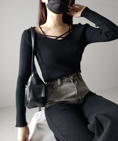 クロスラインストラップデザインリブニット