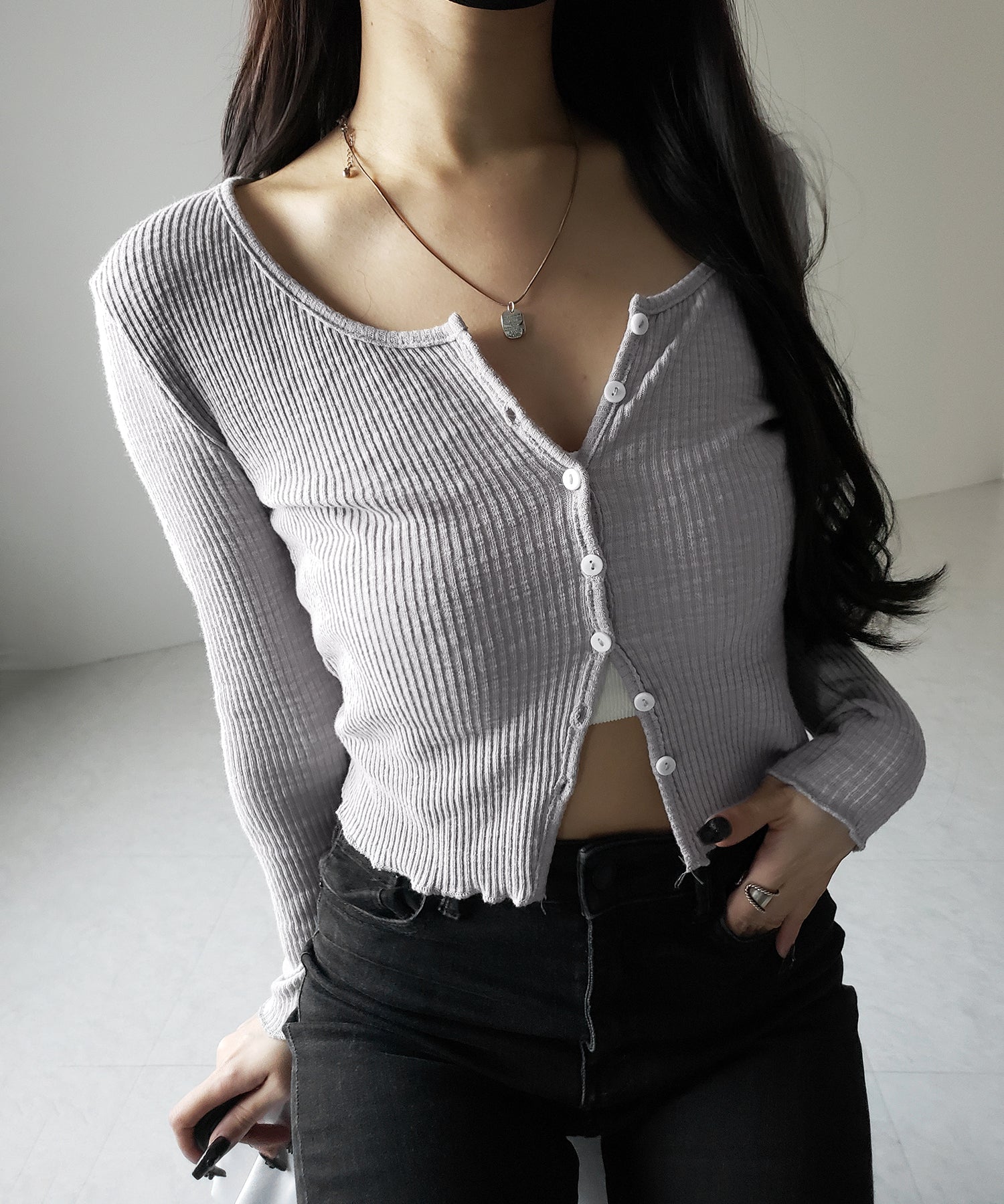 【 2点セット 】レイヤードレースシアーリブカットソーカーディガン / layered lace sheer rib cut and sew cardigan