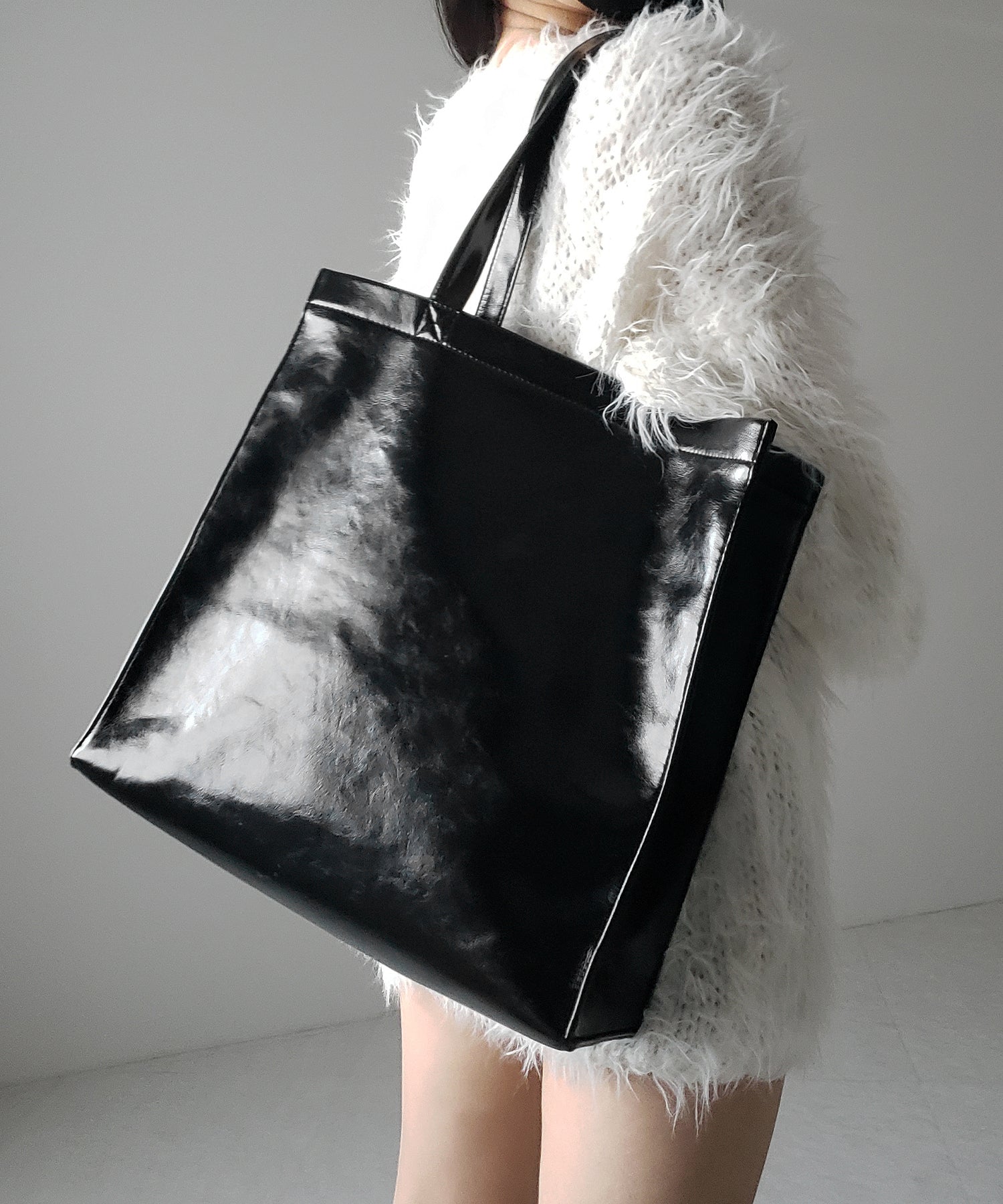 【 2color / 大容量 】フェイクレザービッグスクエアトートバッグ / fake leather big square tote bag