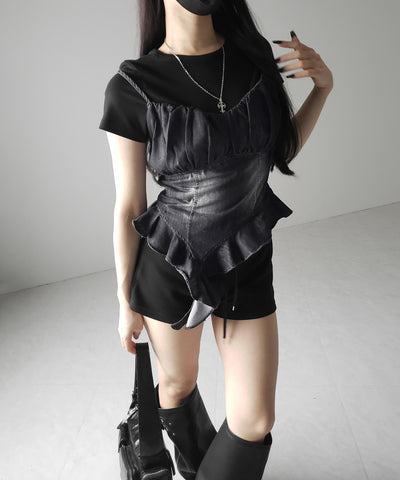 【 2点セット 】ヴィンテージデニムビスチェ & 半袖レイヤードTシャツセット / vintage denim bustier & short sleeve layered T-shirts set