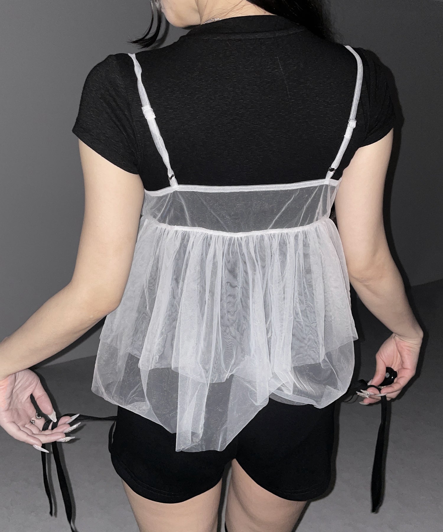 フロントリボンチュールキャミソール / front ribbon tulle camisole