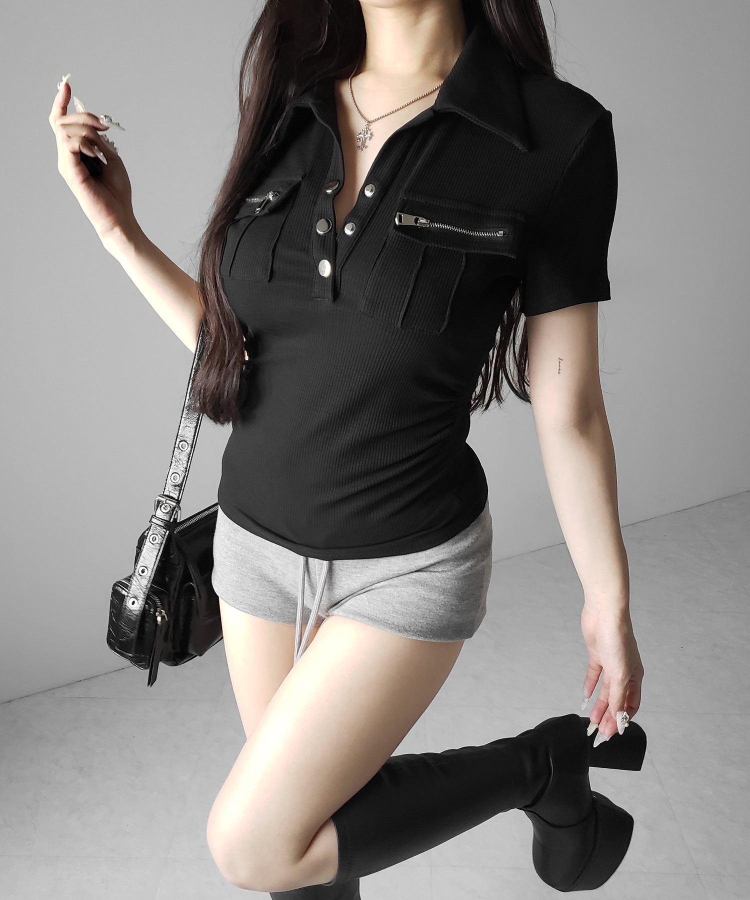 アウトポケットポロネックリブカットソートップス / out pocket polo neck rib cutsew tops