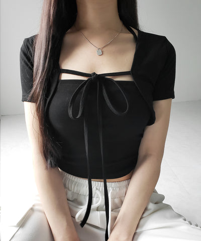 【 2点セット 】フロントリボンショートカーディガン+ ホルターキャミソール SET / front ribbon short cardigan + halter camisole SET