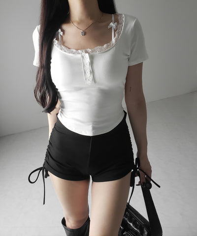 ストラップダブルリボンスクエアネックTシャツ / strap double ribbon square neck T-shirt