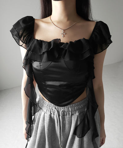 【 2WAY 】シアーフリルコルセットサテンショートブラウス / sheer frill corset satin short blouse