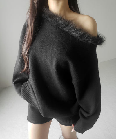 【 ニットセットアップ 】フェイクファーワンショルオーバーニット + ニットショートパンツ SET / fake fur one-shoulder over knit + knit short pants SET