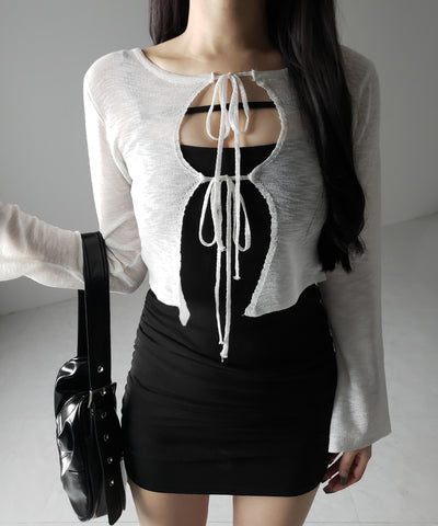 ダブルリボンシアーニットショートカーディガン / double ribbon sheer knit short cardigan