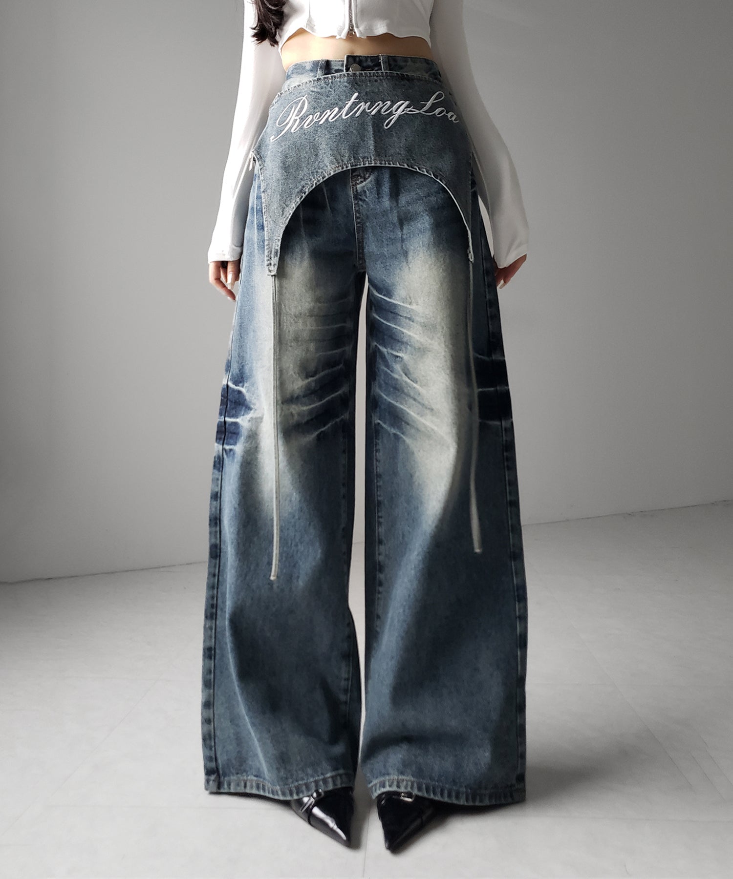 【 2WAY 】レタリングロゴ刺繍ガーターヴィンテージワイドデニム / lettering logo embroidery garter vintage wide denim