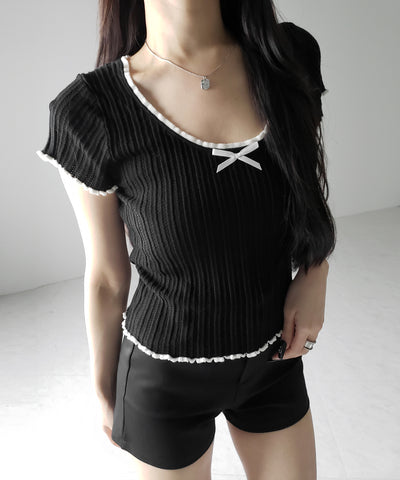 ミニリボンオープンネック半袖ニットトップス / mini ribbon open neck short sleeve knit tops