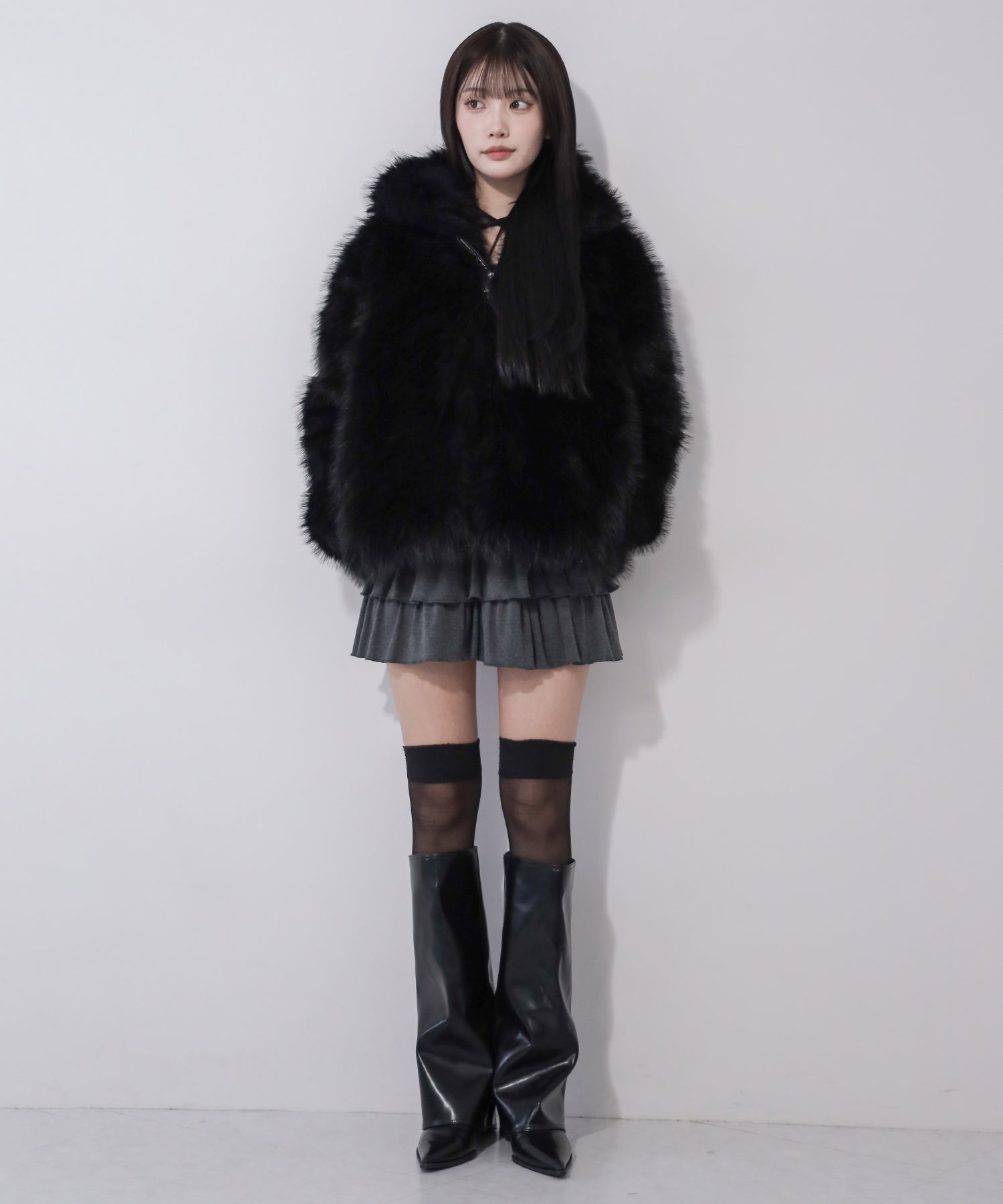 フェイクファーフーディミドルコート / fake fur hoodie middle coat