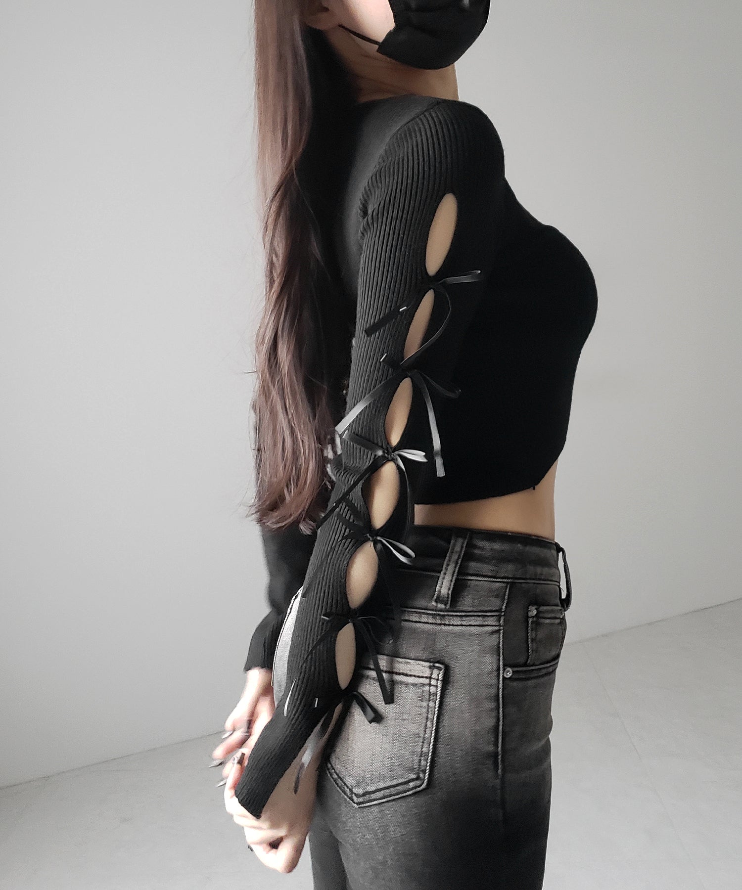 【 2color 】カットアウトリボンショートリブニット / cut out ribbon short rib knit