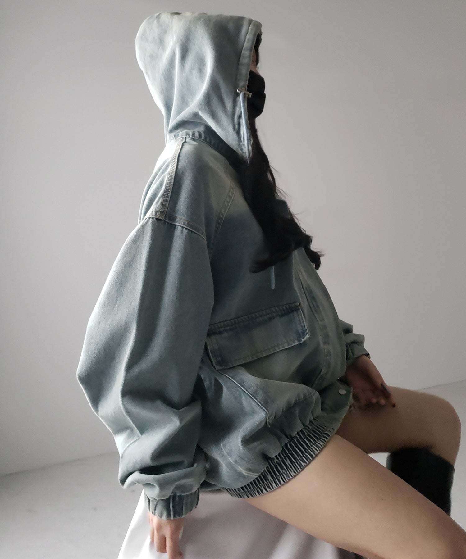【 2color 】ヴィンテージデニムダブルジップフードブルゾン / vintage denim double zip hoodie blouson