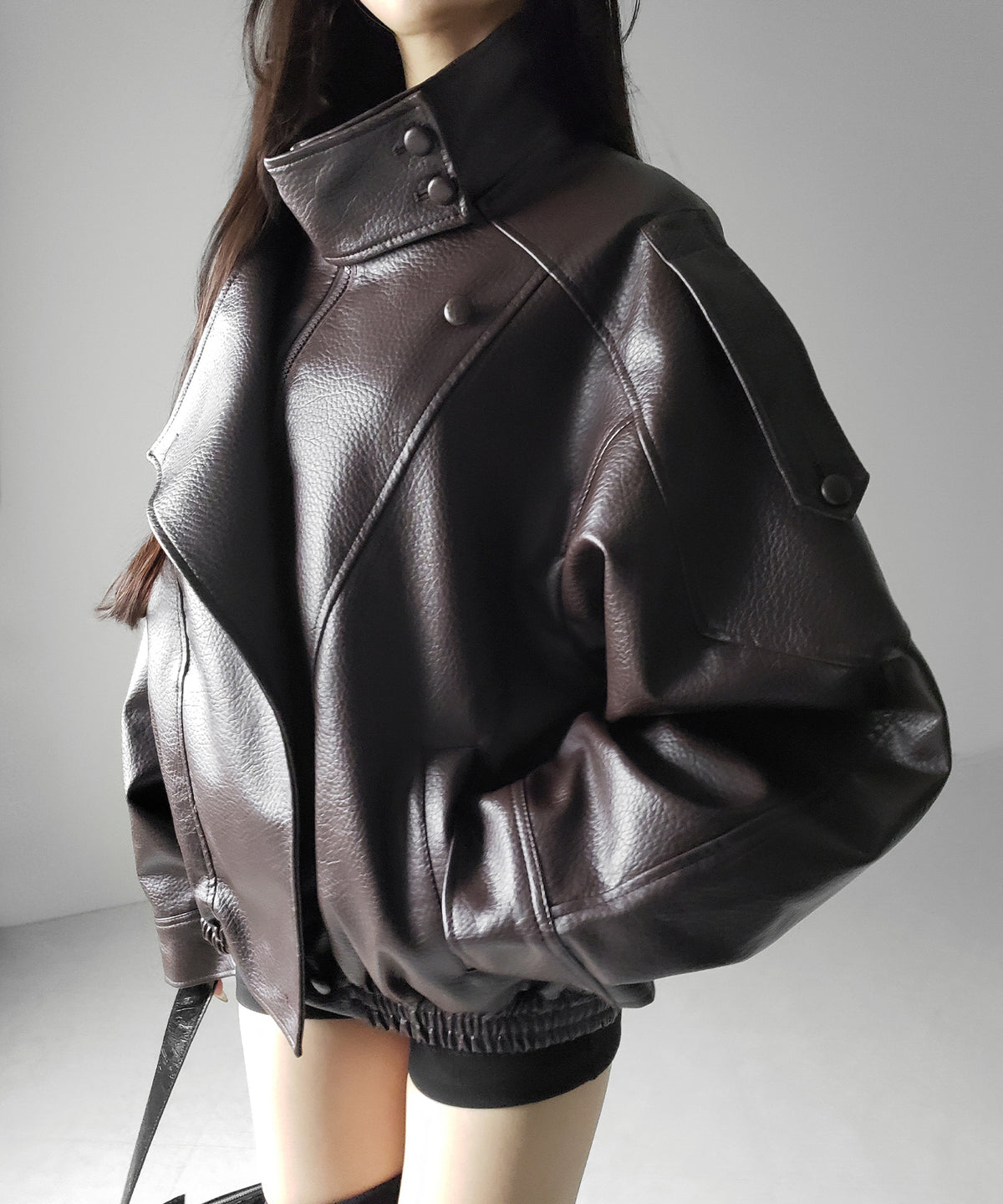ヴィンテージフェイクレザースタンドカラージップアップブルゾン / 2WAY vintage fake leather stand collar zipup blouson
