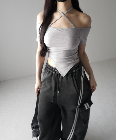 クロスネックアシメギャザーオフショルTシャツ / cross neck asymmetry gather off shoulder T-shirt