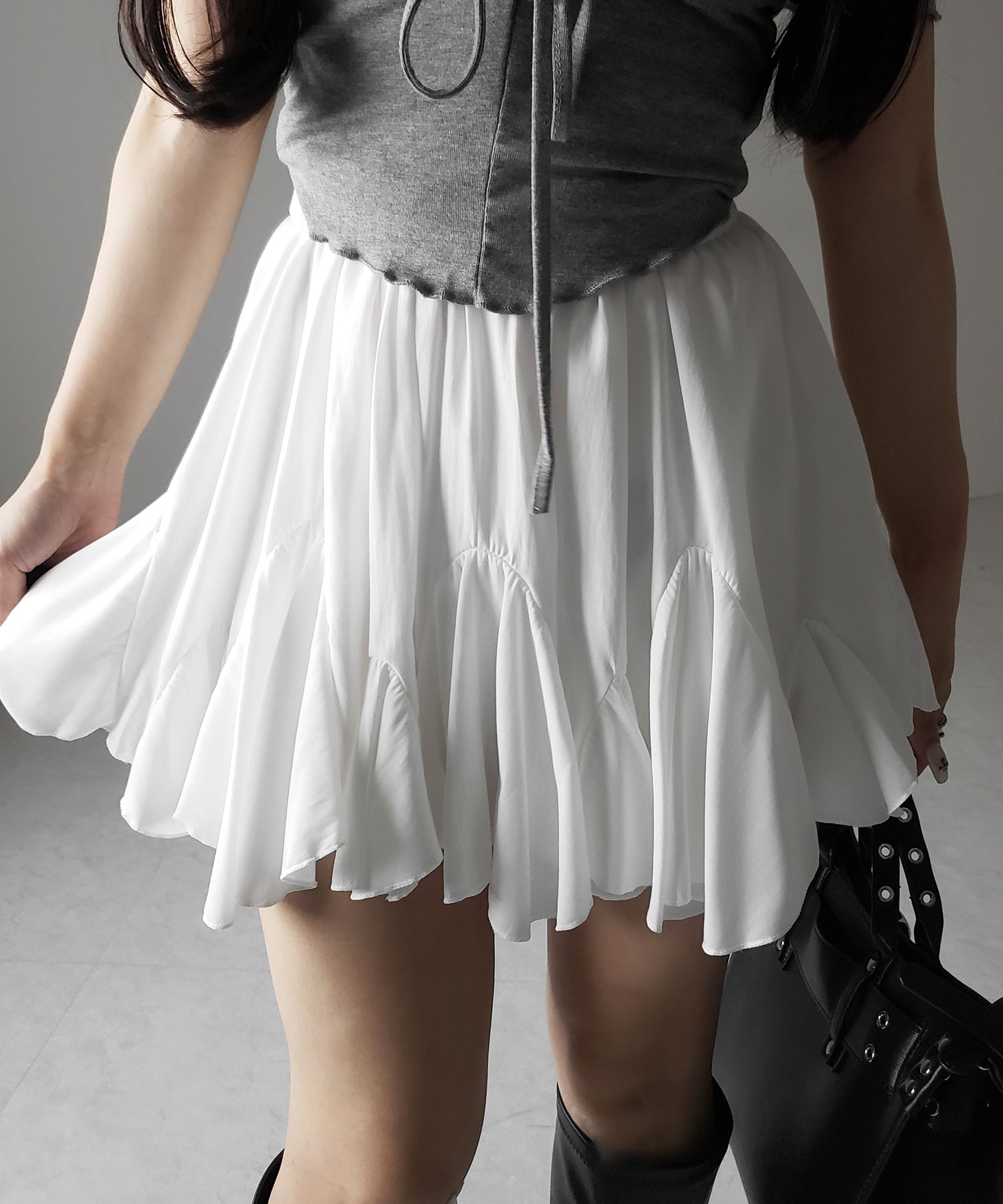 【 2color /インパン裏地付き 】ハイウエストドレープフレアミニスカート / high waist draped flare mini skirt