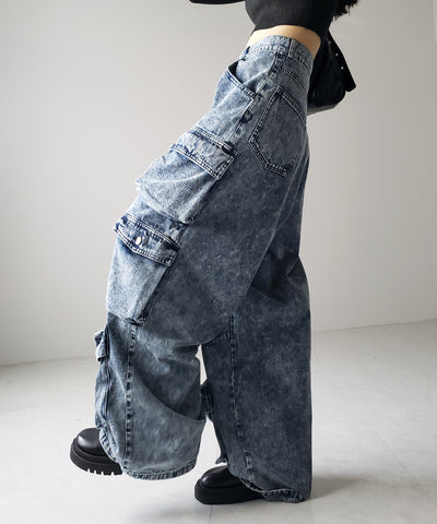 【 デニムセットアップ着用可能 】ヴィンテージケミカルブリーチヘビーワイドカーゴデニム / vintage chemical bleach heavy wide cargo denim