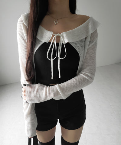 【 2color 】襟付きフロントリボンシアーニットショートカーディガン / collar front ribbon sheer knit short cardigan