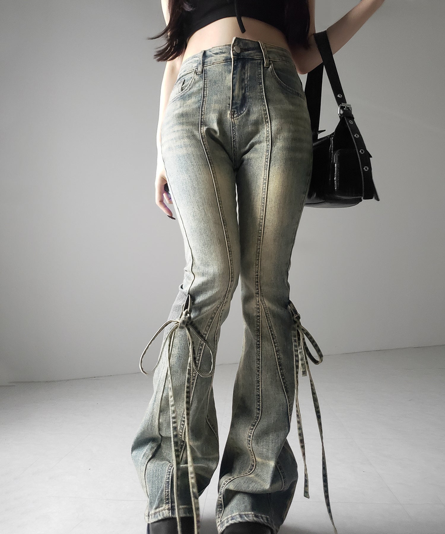 【 2color / 4size 】ストラップリボンヴィンテージストレッチフレアデニム / strap ribbon vintage stretch flare denim