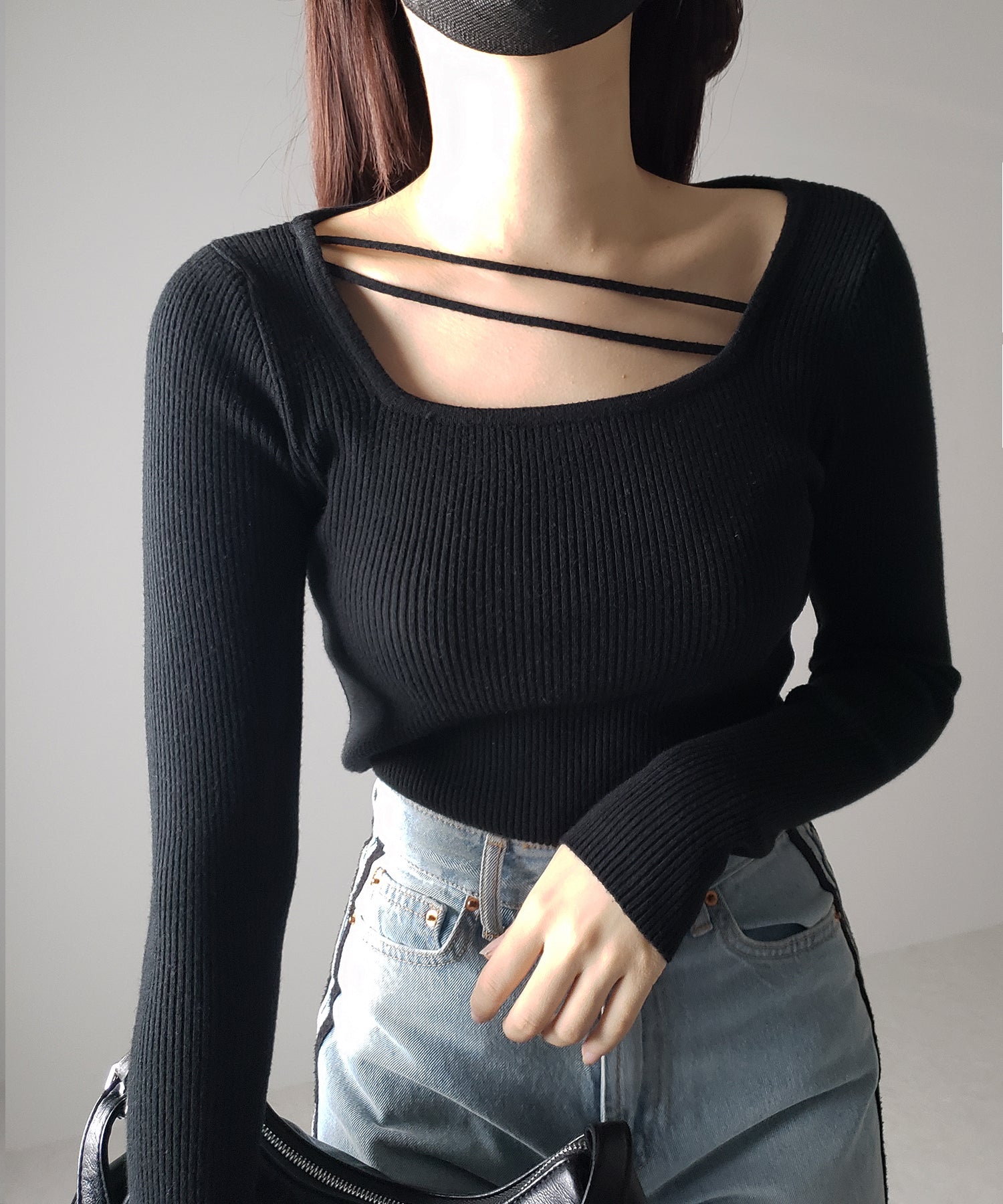 【 3color 】2ストラップスクエアネックリブニット