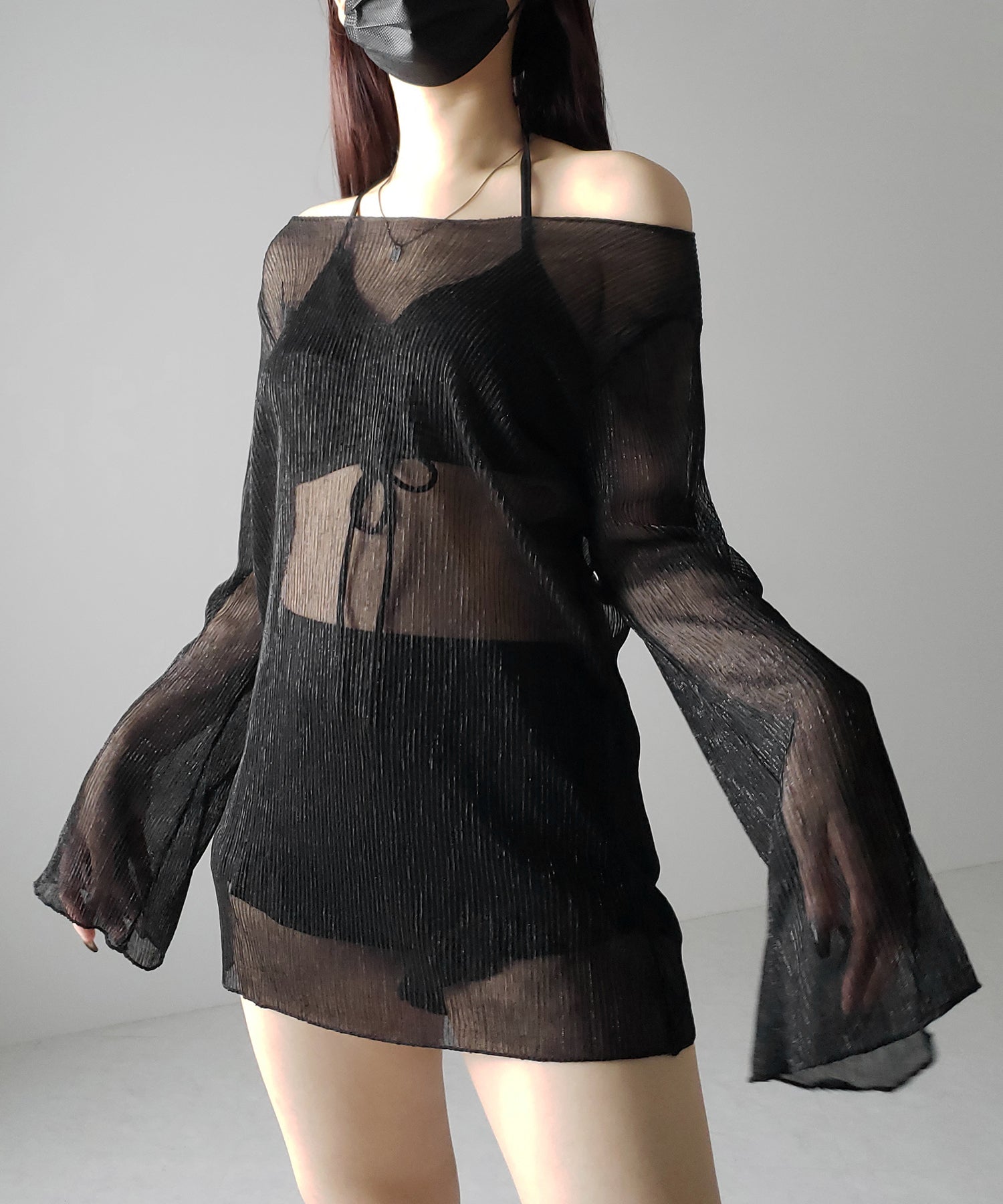 【 レディース水着/3点セット 】シアートップス付き フロントリボンホルターネックハイウエストビキニ / sheer tops set front ribbon halter neck high waist bikini