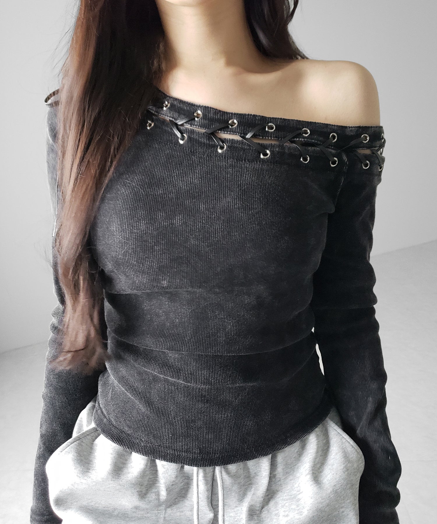 ヴィンテージカットアウトレースアップワンショルリブトップス / vintage cutout laceup one shoulder lib tops