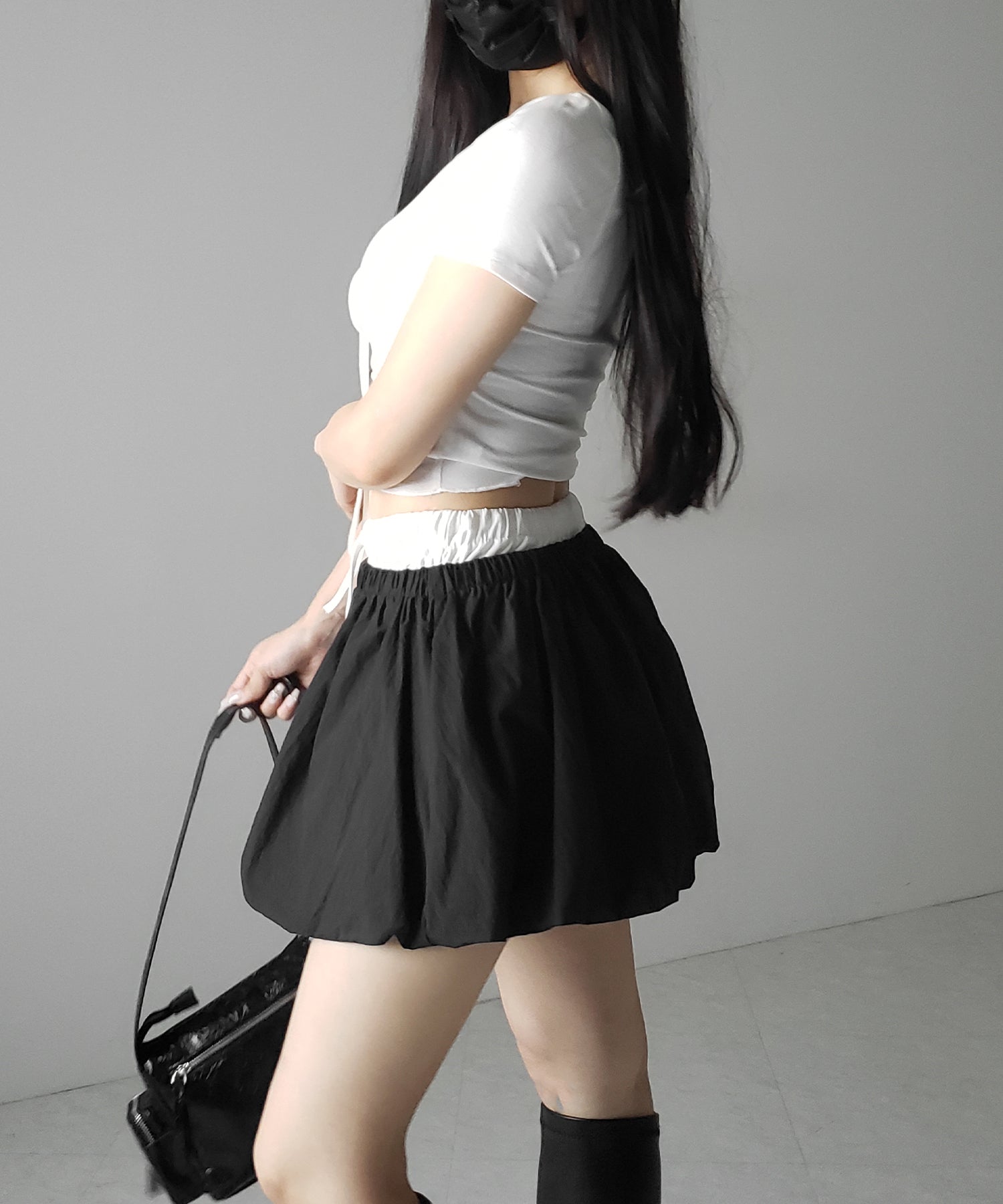 【 2color /インパン裏地付き 】フェイクレイヤードコットンバルーンミニスカート / fake layered cotton balloon mini skirt